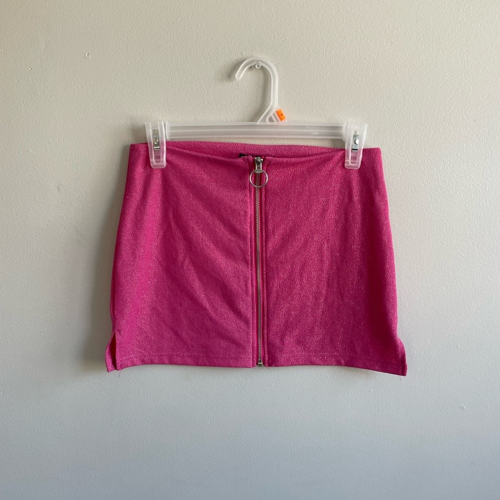 HOT PINK SHORT SLEEVE SKIRT SET DOLLS KILL SILVER ZIPPERS GLITTER STRETCH - Picture 11 of 17
